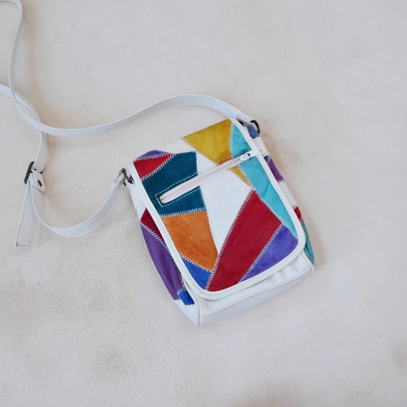 Vintage Handbags - White Leather Crossbody Vintage Patchwork Multi-Color Flap-Over Snap Closure